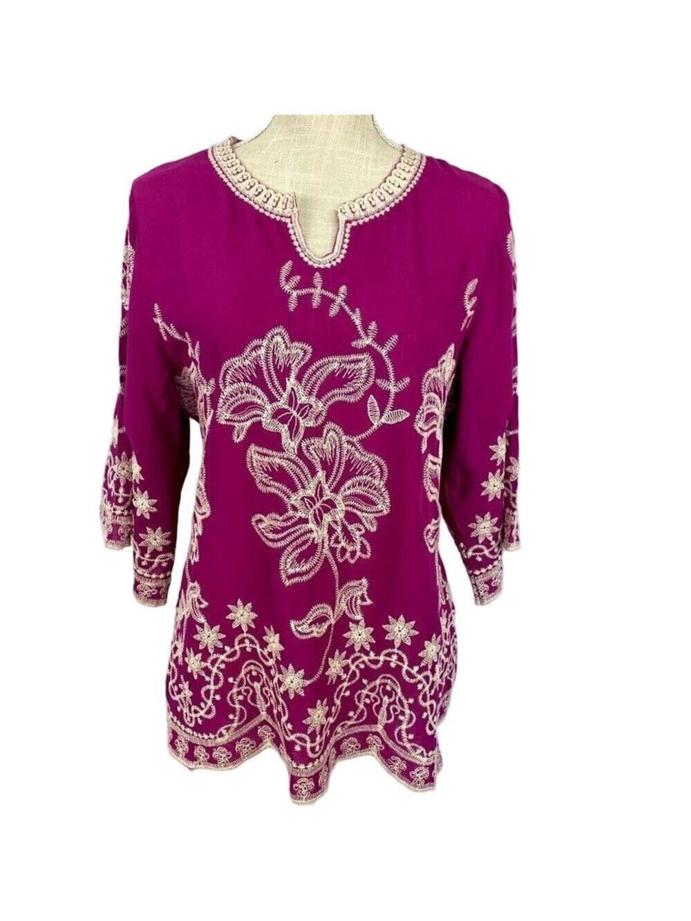 Solitaire Embroidered Top Boho Women’s Small Handcrafted Fuchsia Pink White